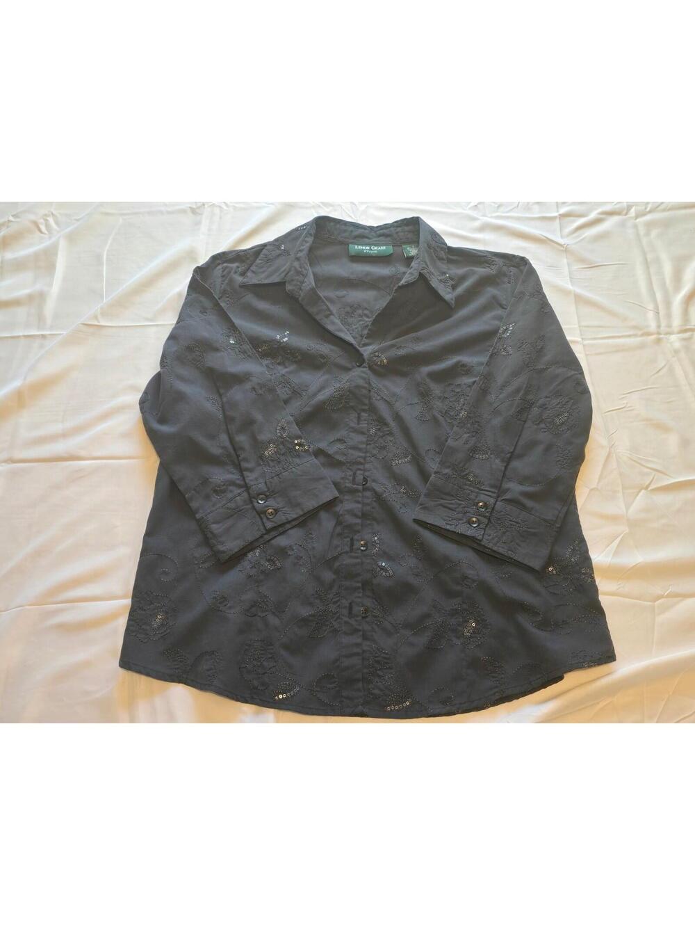 Lemon Grass Studio Womens Button Up Shirt Top Black Embroidered Floral L